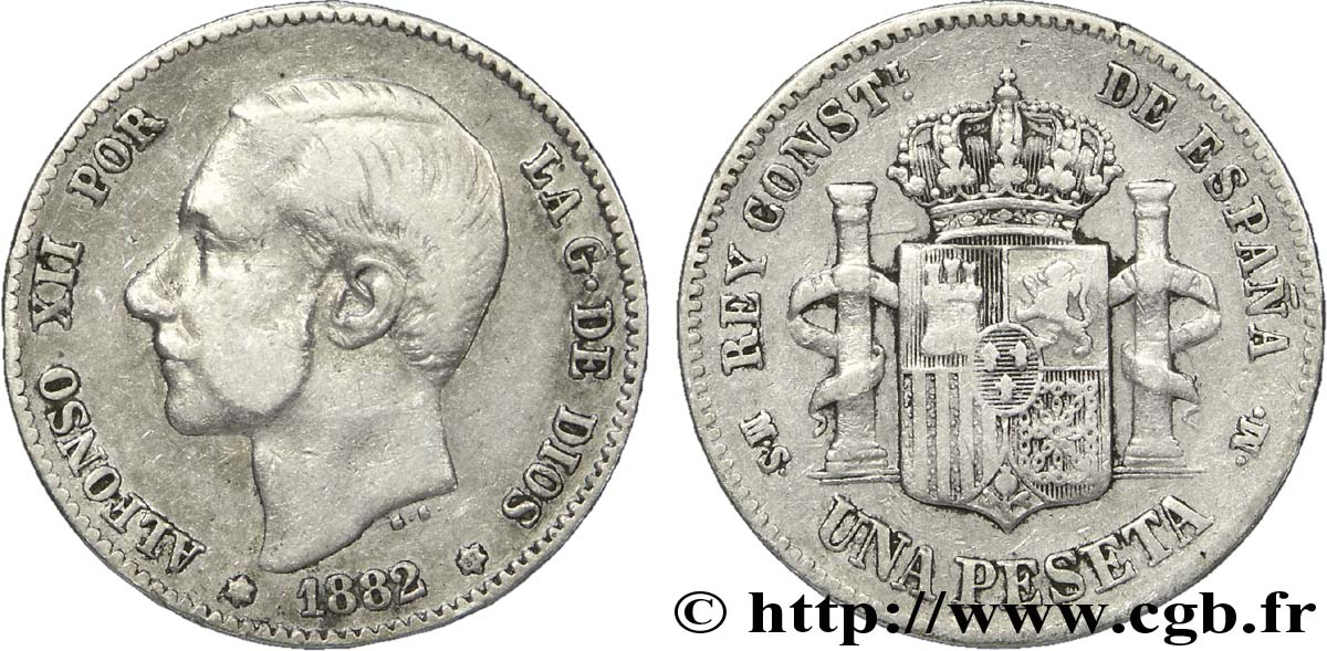ESPAÑA 1 Peseta Alphonse XII  / emblème couronné (82) 1882 Madrid BC+ 
