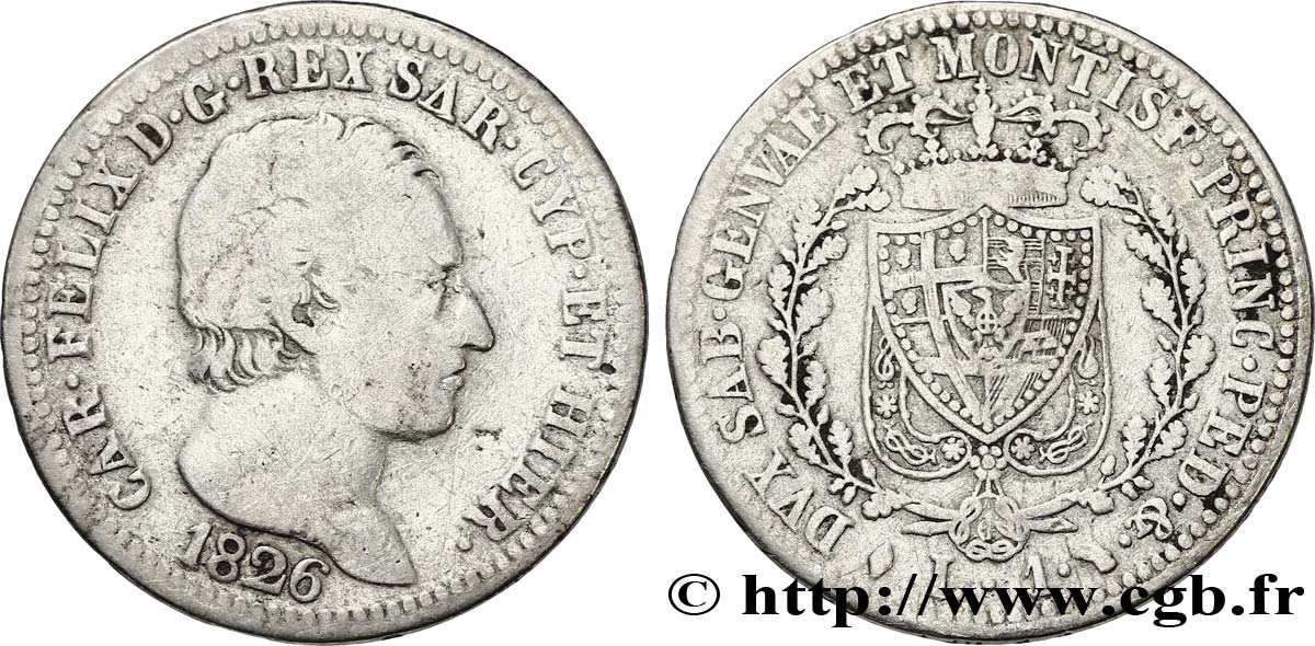 ITALY - KINGDOM OF SARDINIA 1 Lire Charles Félix, roi de Sardaigne 1826 Turin VF 