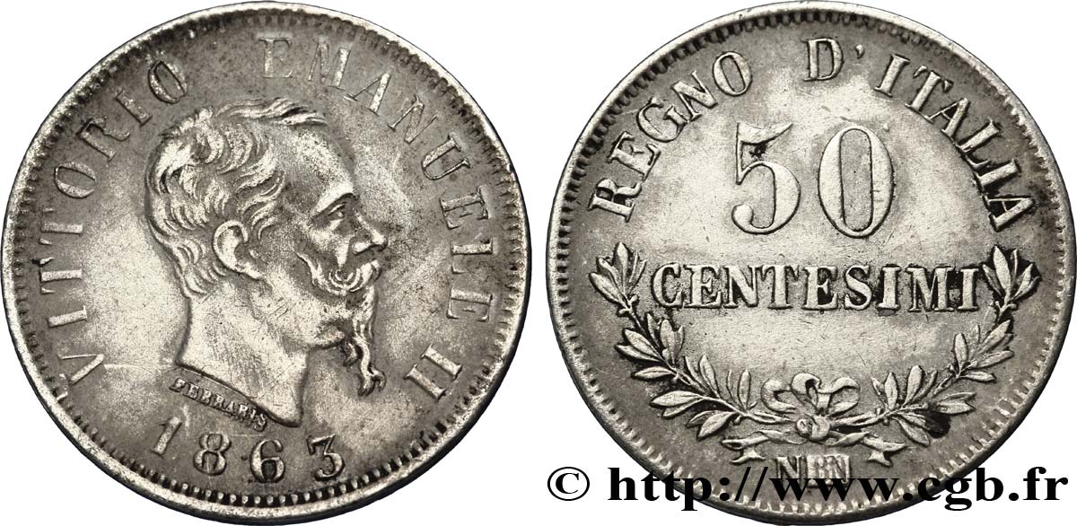 ITALY 50 Centesimi Victor Emmanuel II 1863 Naples - N XF 