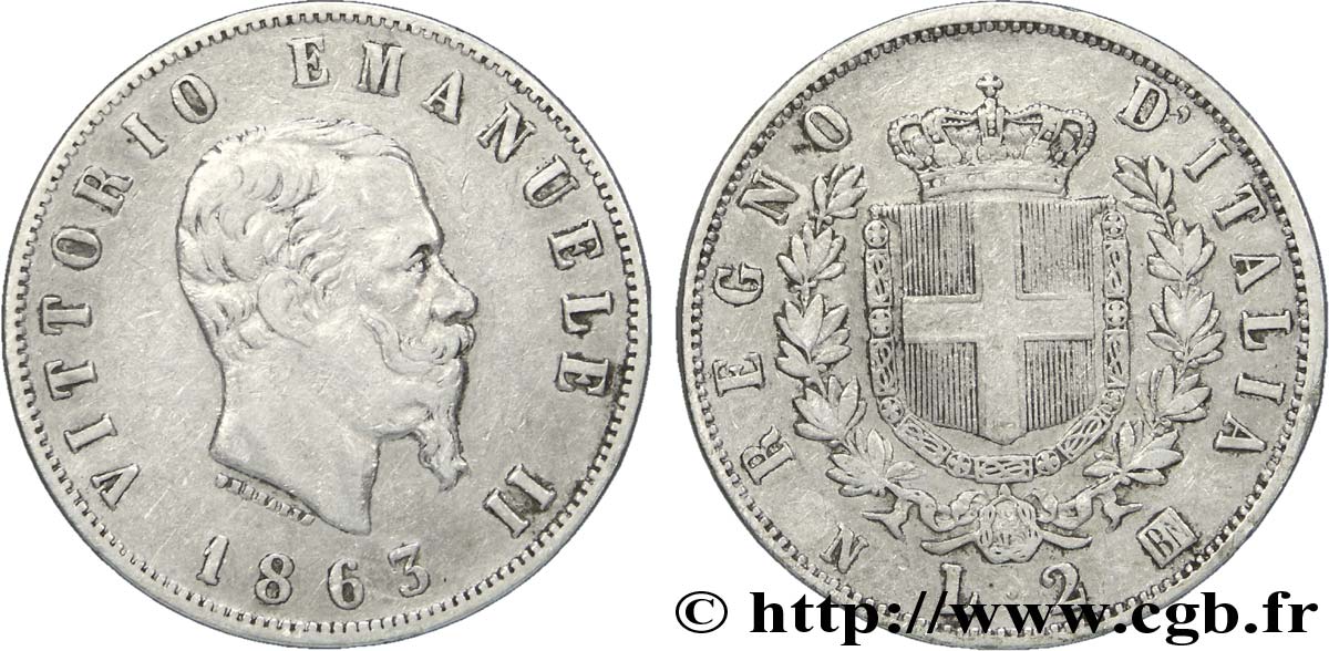 ITALIA 2 Lire Victor Emmanuel II 1863 Naples - N BC+ 