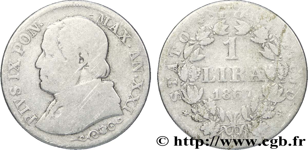 VATICAN AND PAPAL STATES 1 Lire Pie IX an XXI 1867 Rome F 