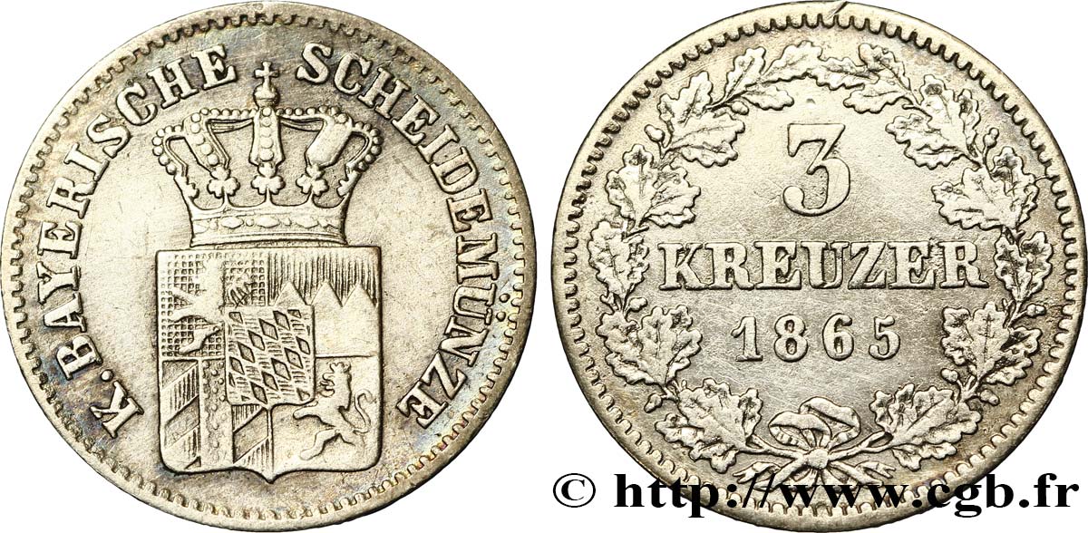 ALEMANIA - BAVIERA 3 Kreuzer armes couronnées de Bavière 1865  EBC 