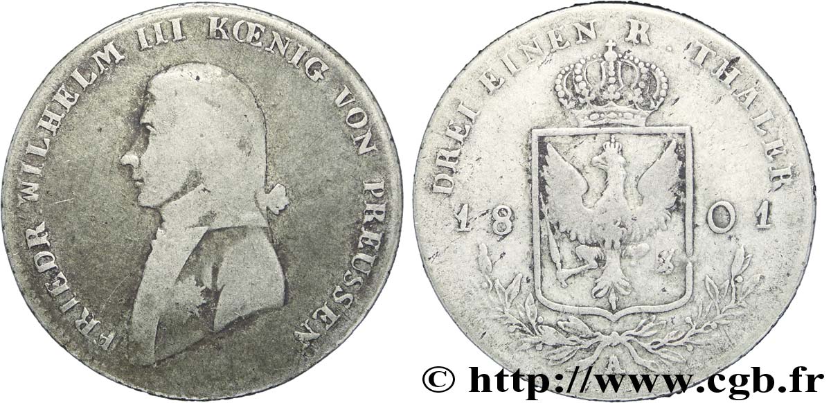 GERMANIA - PRUSSIA 1/3 Thaler Frédéric-Guillaume III roi de Prusse 1801 Berlin q.MB 