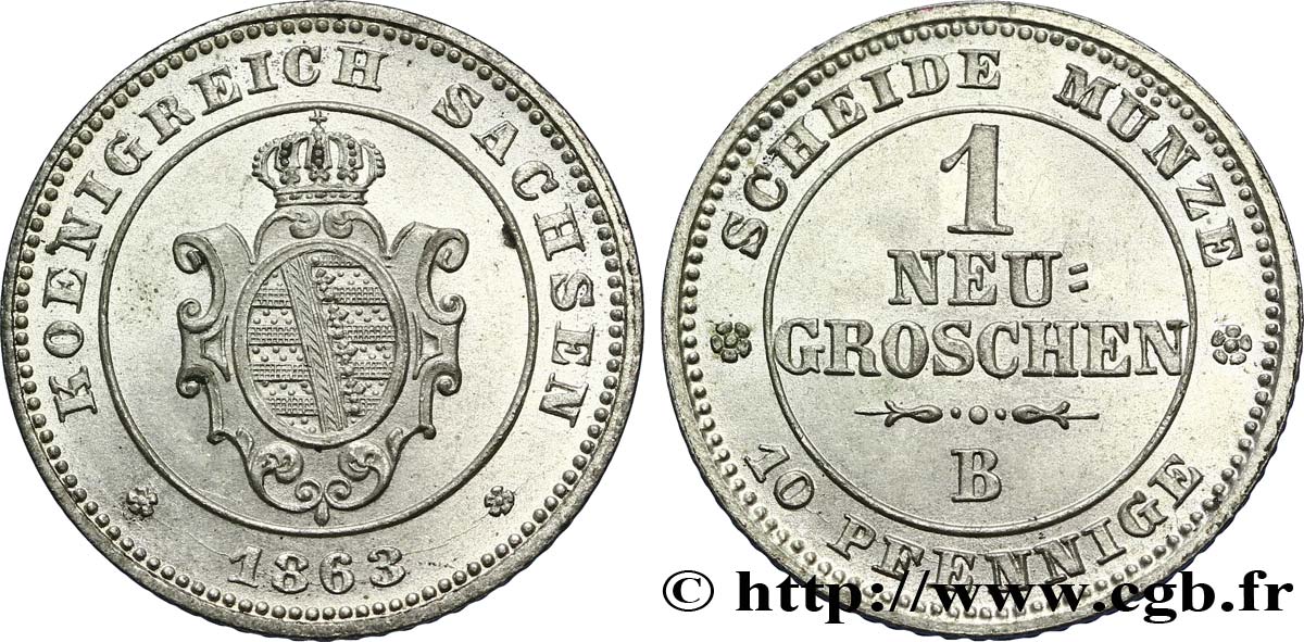 GERMANIA - SASSONIA 1 Neugroschen Royaume de Saxe, blason 1863 Dresde - B MS 