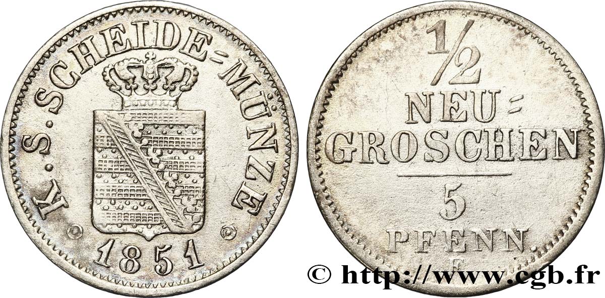 DEUTSCHLAND - SACHSEN 1/2 Neugroschen (5 Pfennig) Royaume de Saxe 1851  VZ 