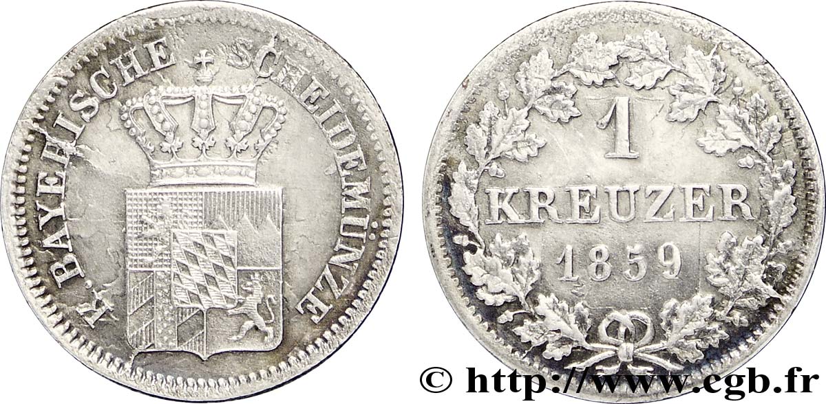 GERMANIA - BAVIERIA 1 Kreuzer armes couronnées de Bavière 1859  SPL 