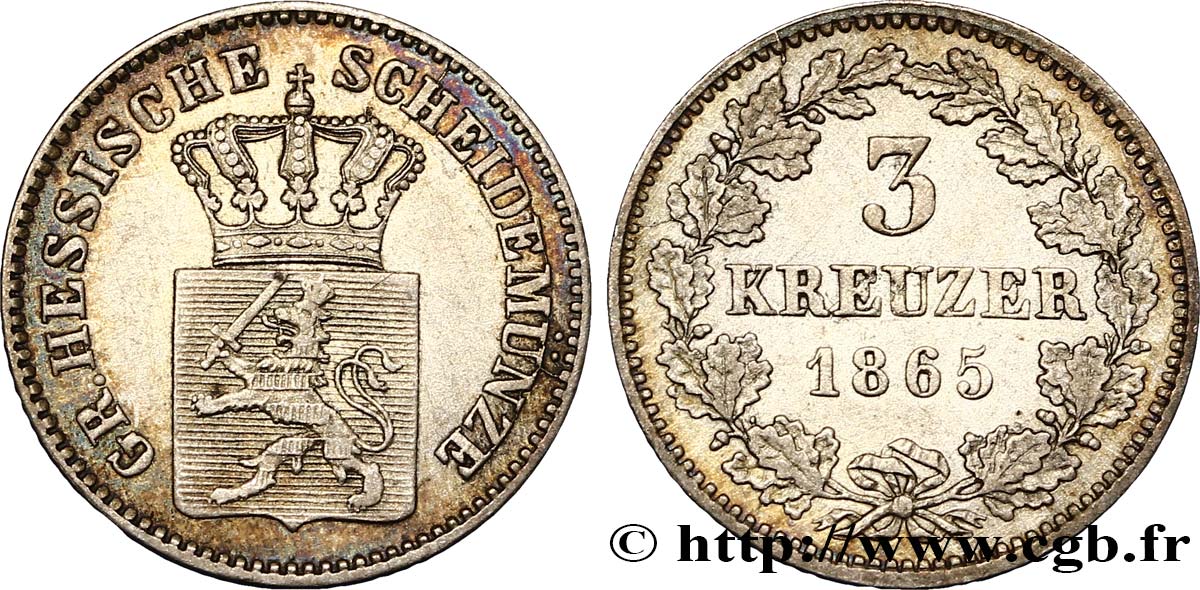 DEUTSCHLAND - HESSEN 3 Kreuzer Hesse-Darmstadt 1865  VZ 
