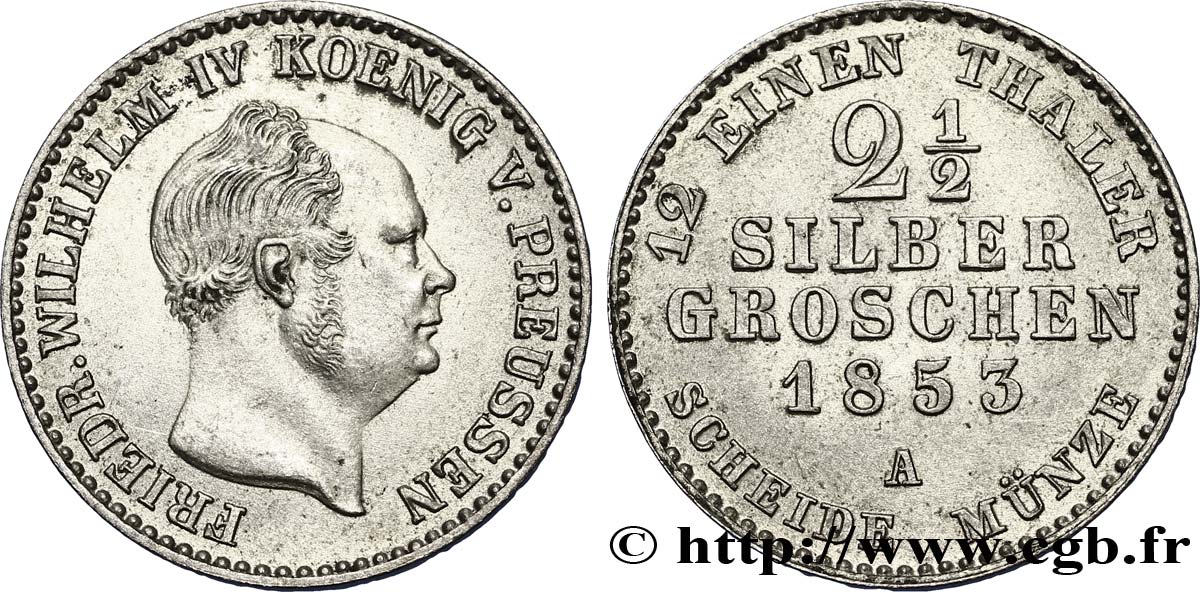 GERMANY - PRUSSIA 2 1/2 Silbergroschen Royaume de Prusse Frédéric Guillaume IV 1853 Berlin AU 