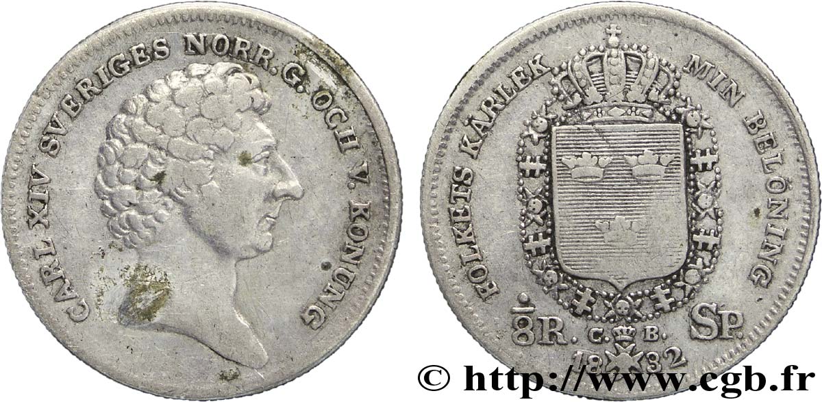 SWEDEN 1/8 Riksdaler Charles XIV (Jean-Baptiste Jules Bernadotte) 1832  VF 