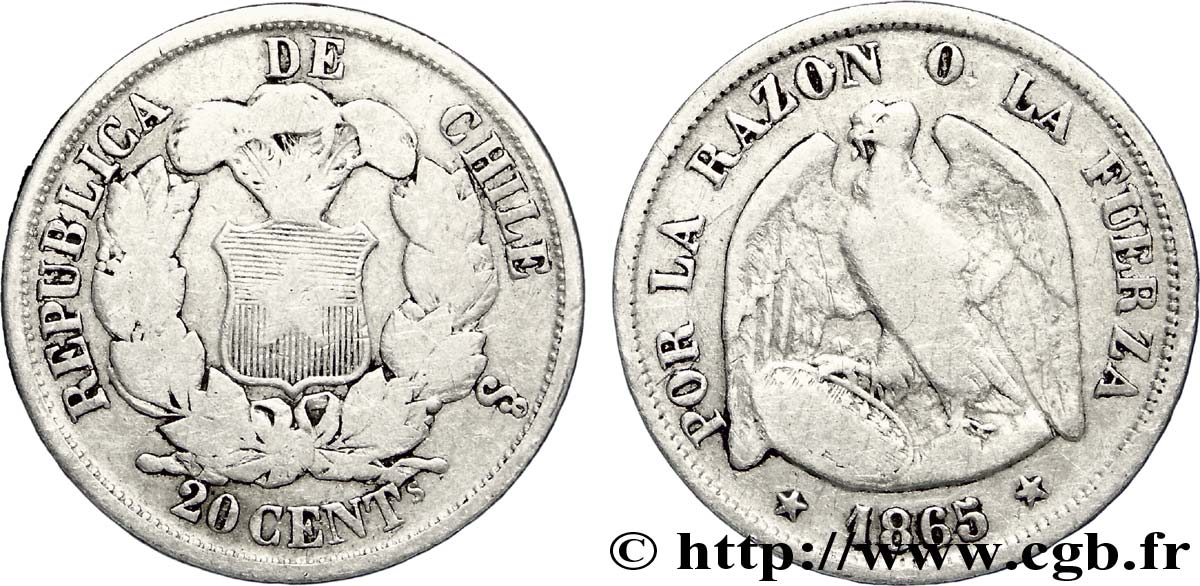 CHILE 20 Centavos condor 1865 Santiago - S° VF 