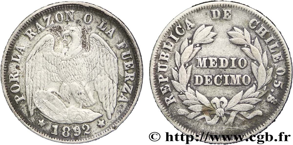CHILE
 1/2 (medio) Decimo condor 1892 Santiago - S° EBC 