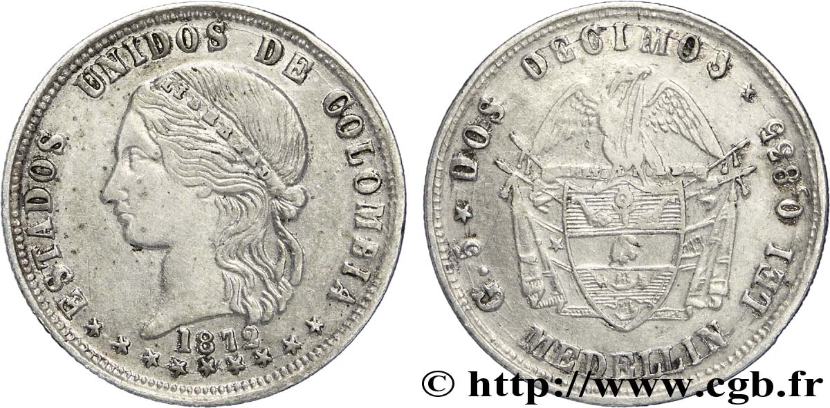 COLOMBIA 2 Decimos Etats Unis de Colombie 1872 Medellin q.SPL 