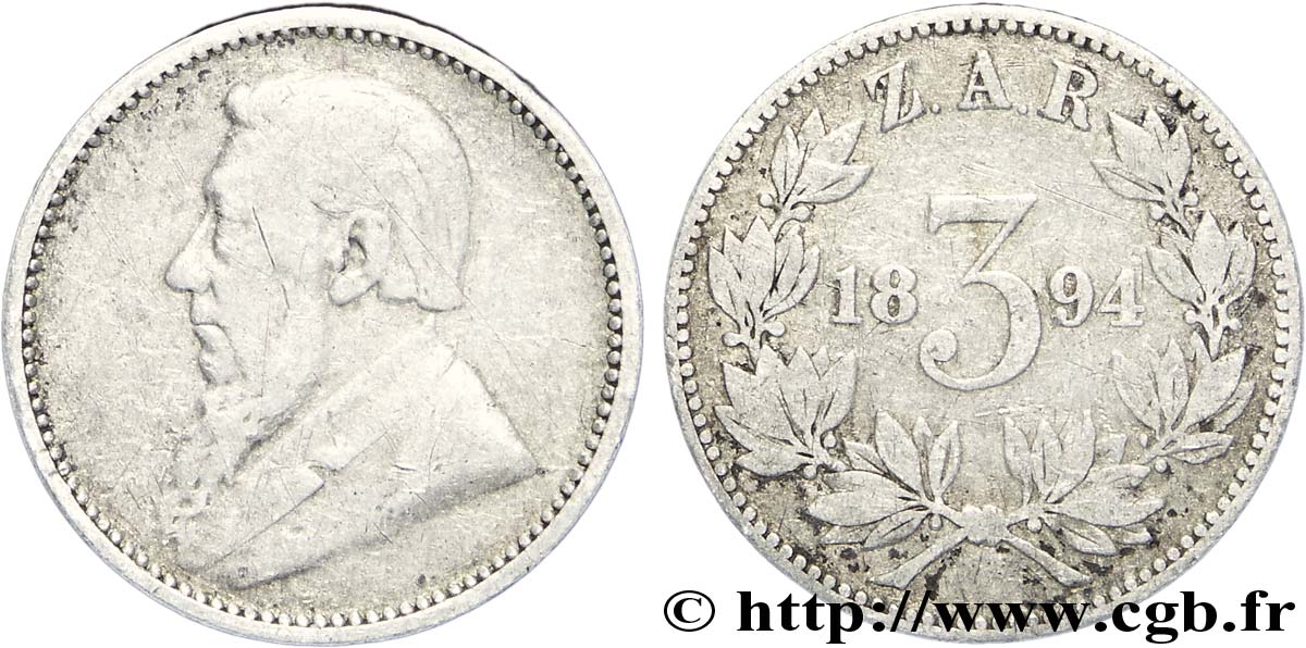 SOUTH AFRICA 3 Pence Kruger 1894  XF 