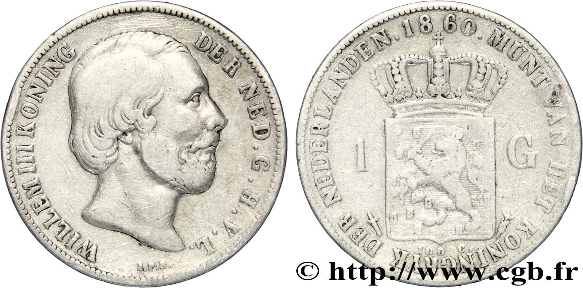 PAYS-BAS 1 Gulden Guillaume III 1860 Utrecht TB+ 