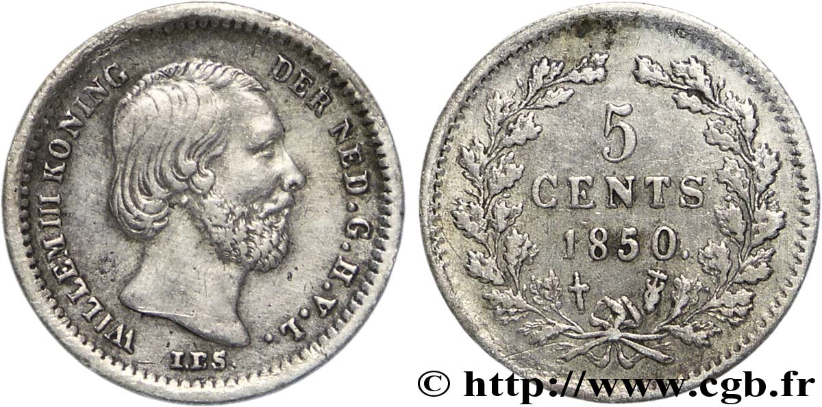 NETHERLANDS 5 Cents William III variété avec point derrière la date 1850 Utrecht AU 