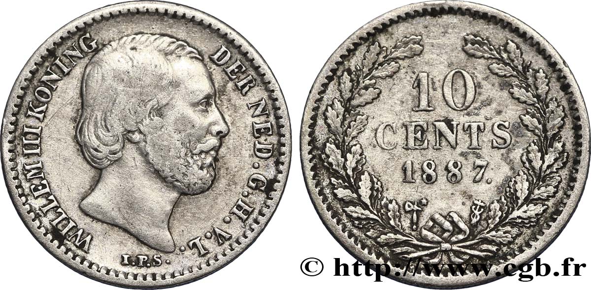NETHERLANDS 10 Cents Guillaume III 1887 Utrecht AU 