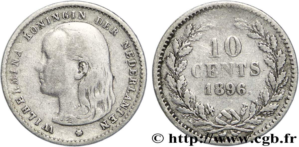 NETHERLANDS 10 Cents Wilhelmine 1896 Utrecht VF 
