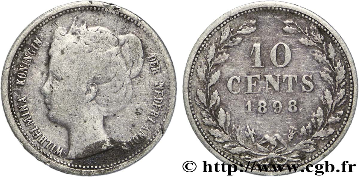 NETHERLANDS 10 Cents Reine Wilhelmine 1898 Utrecht VF 