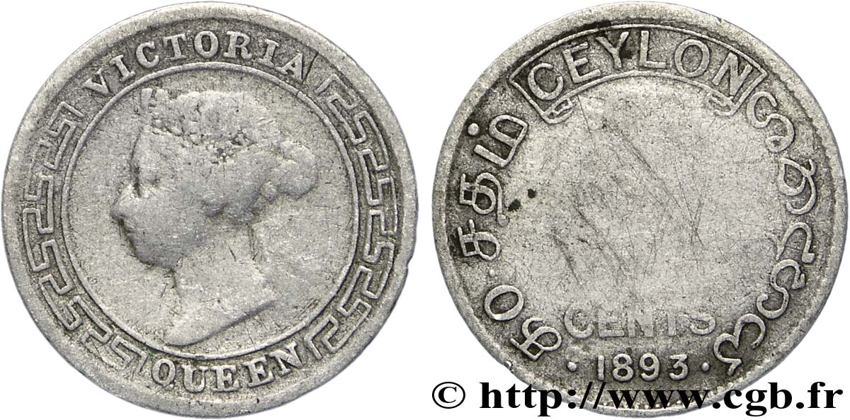 CEYLON 10 Cents Victoria 1893  VG 