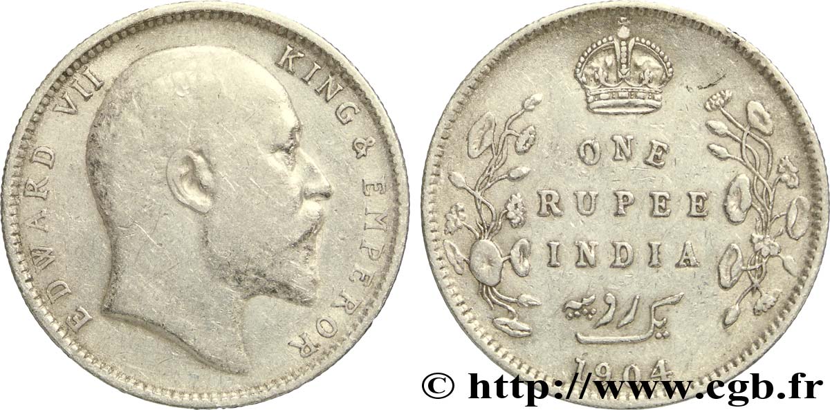 BRITISH INDIA 1 Roupie Edouard VII 1904 Calcutta VF 
