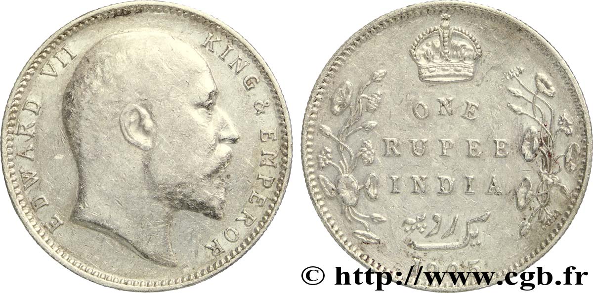 BRITISH INDIA 1 Roupie Edouard VII 1905 Calcutta VF 