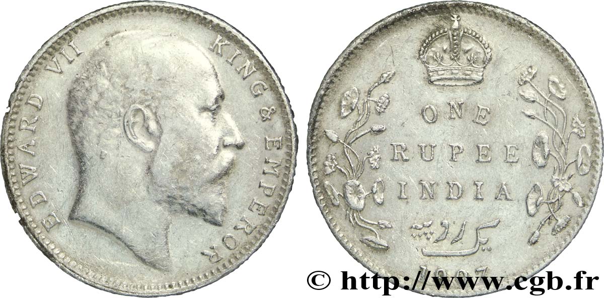 INDIA BRITANNICA 1 Rupee (Roupie) Edouard VII 1907 Calcutta q.BB 