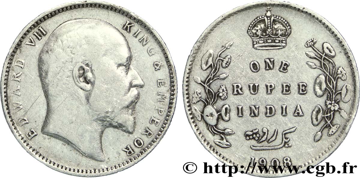 BRITISH INDIA 1 Roupie Edouard VII 1908 Calcutta VF 