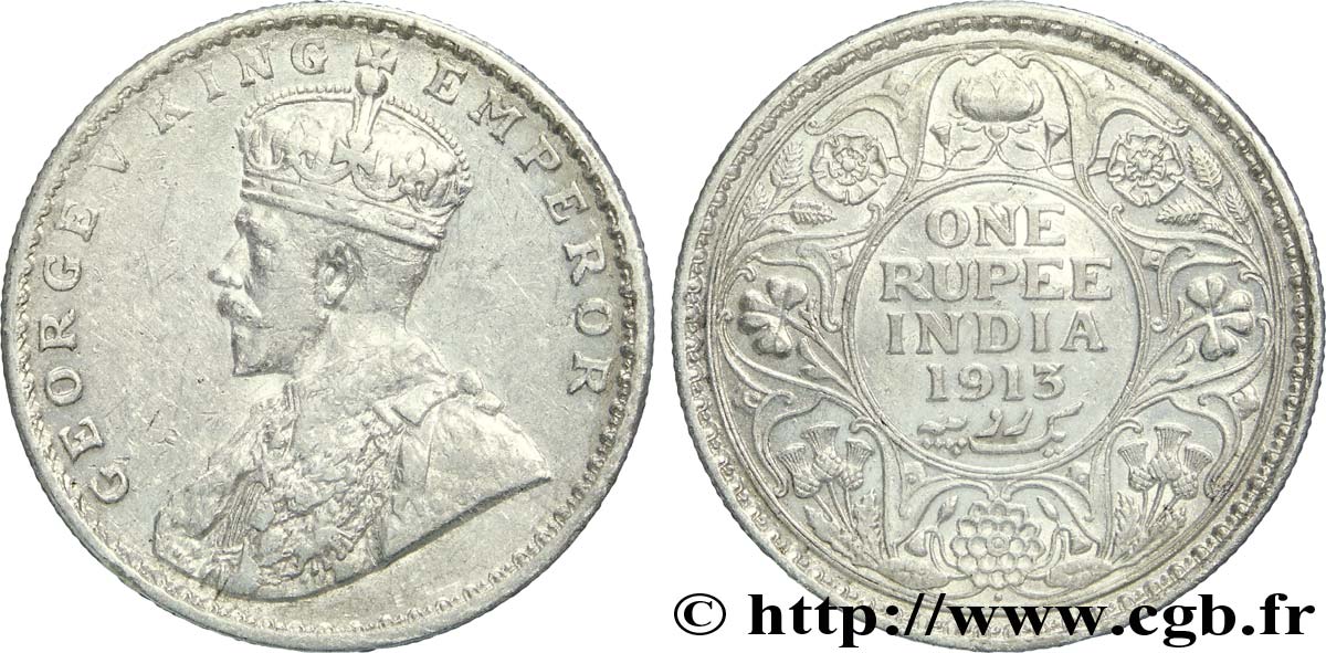 BRITISH INDIA 1 Roupie Georges V 1913 Bombay (Mumbai) XF 