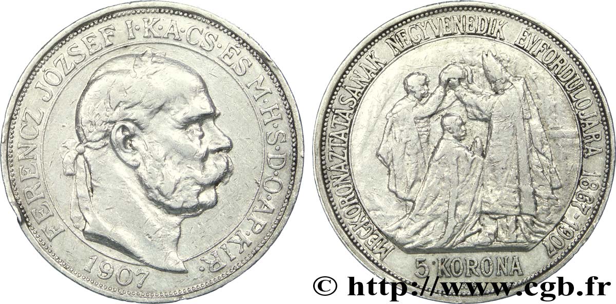 HUNGRíA 5 Corona François-Joseph d’Autriche-Hongrie / couronne de St Stéphane supportée par deux anges 1907 Kremnitz BC+ 