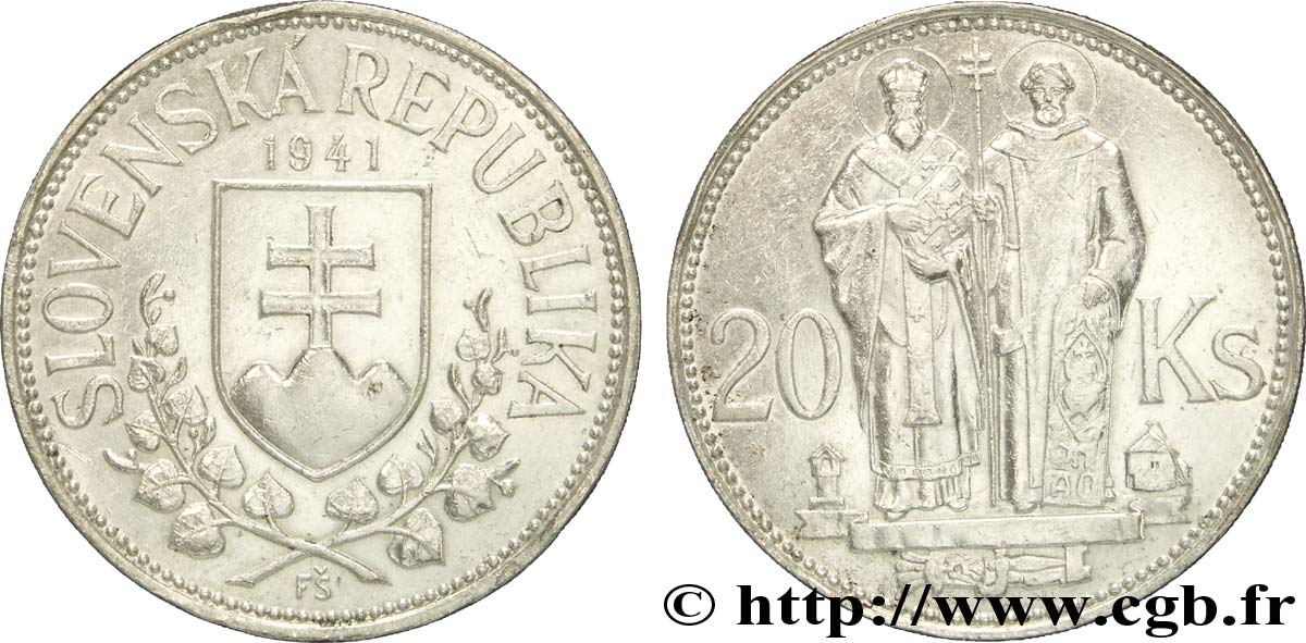SLOVACCHIA 20 Korun St Cyril et St Méthode variété avec croix à simple barre 1941  SPL 