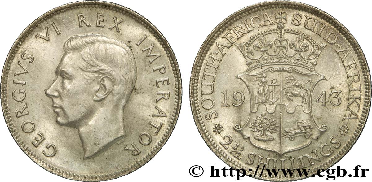 SUDAFRICA 2 1/2 Shillings Georges VI / armes 1943 Pretoria SPL 