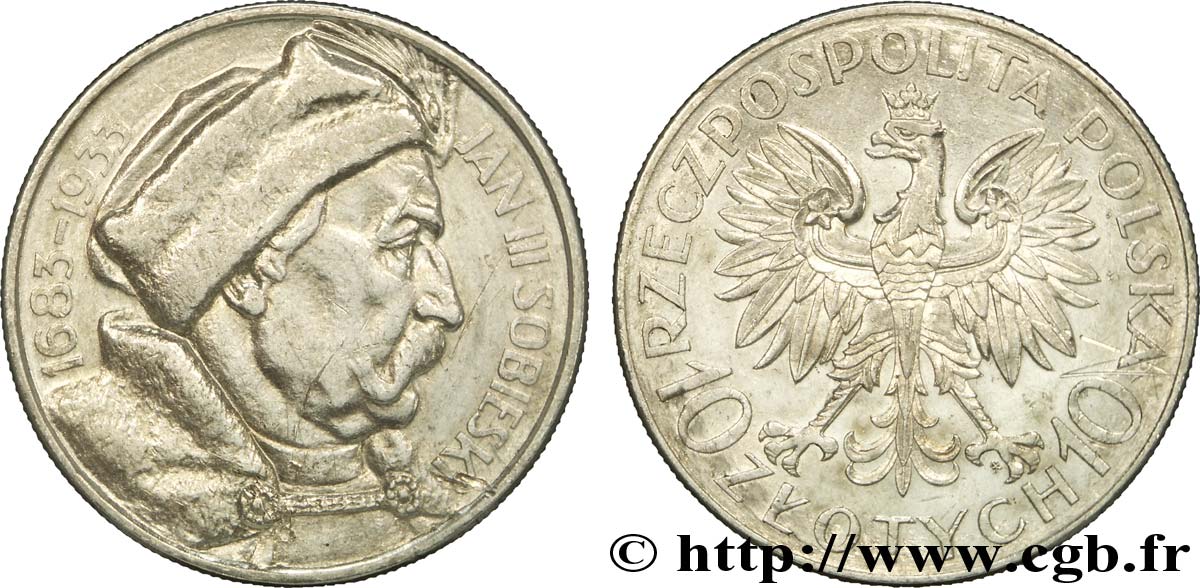 POLEN 10 Zlotych aigle / 250e anniversaire de la libération de Vienne par Jean III Sobieski 1933 Varsovie VZ 