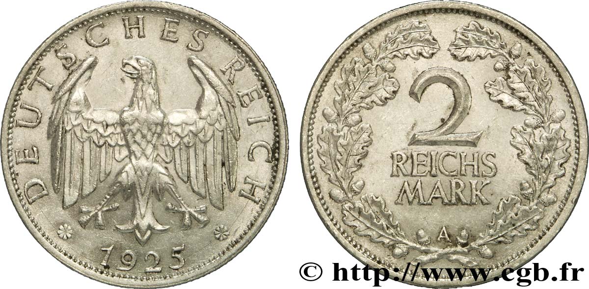 GERMANY 2 Reichsmark aigle 1925 Berlin AU 