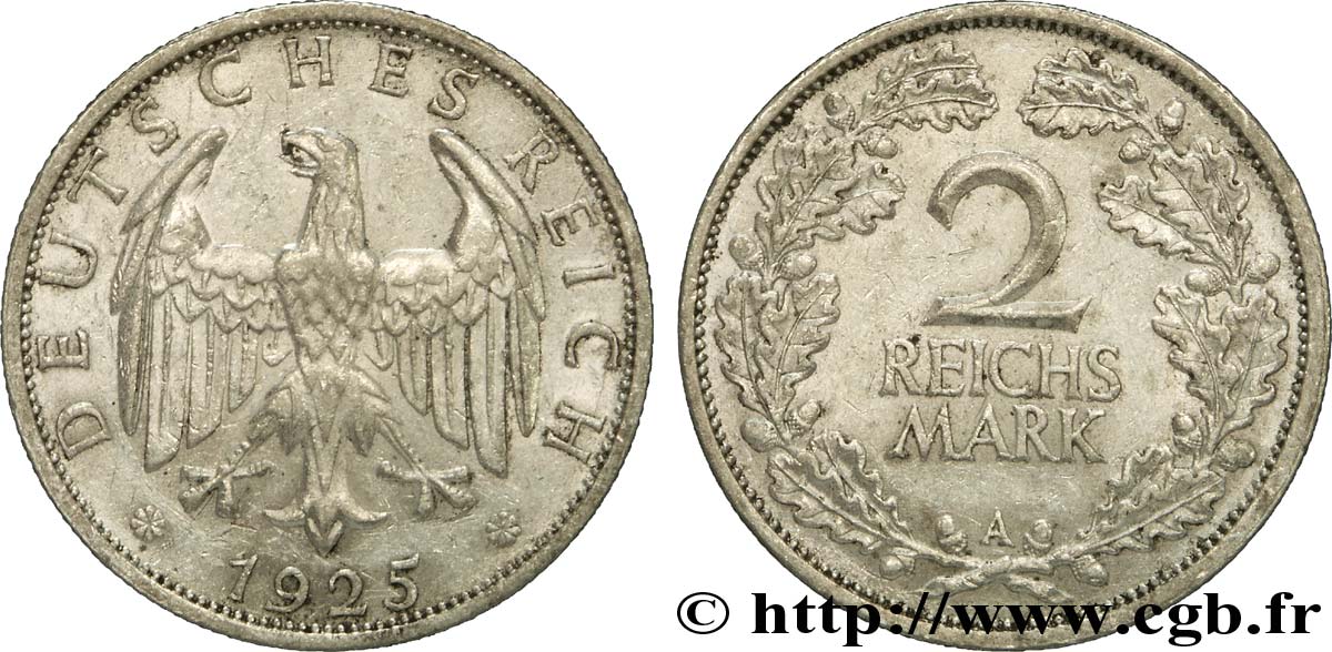 DEUTSCHLAND 2 Reichsmark aigle 1925 Berlin fVZ 
