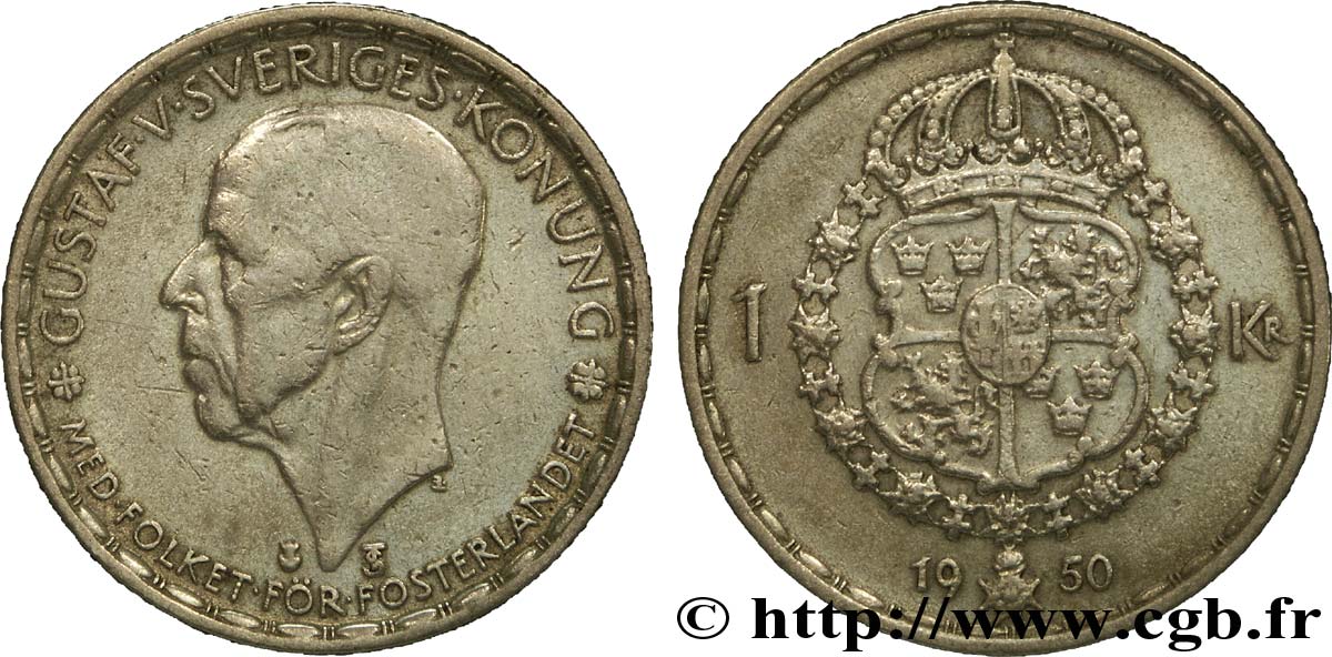 SUÈDE 1 Krona Gustave V 1950  TB+ 