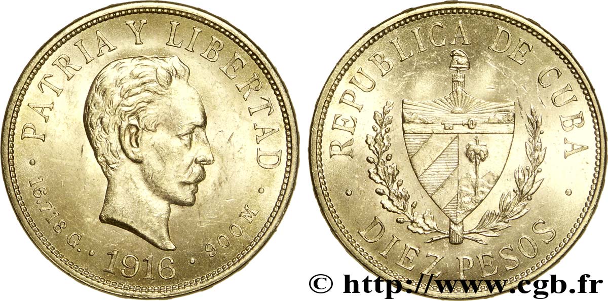 KUBA 10 Pesos OR emblème de la République / José Marti 1916 Philadelphie VZ 