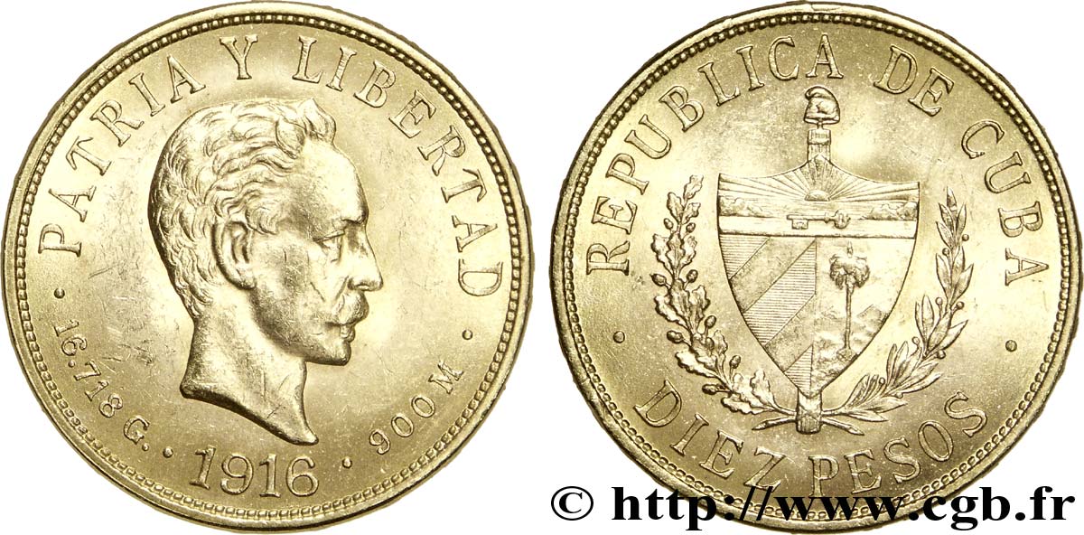 CUBA 10 Pesos OR emblème de la République / José Marti 1916 Philadelphie AU 