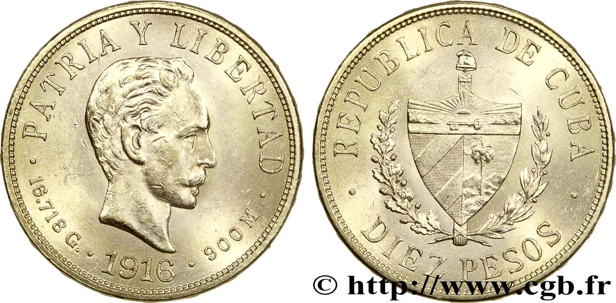 CUBA 10 Pesos OR emblème de la République / José Marti 1916 Philadelphie SPL 