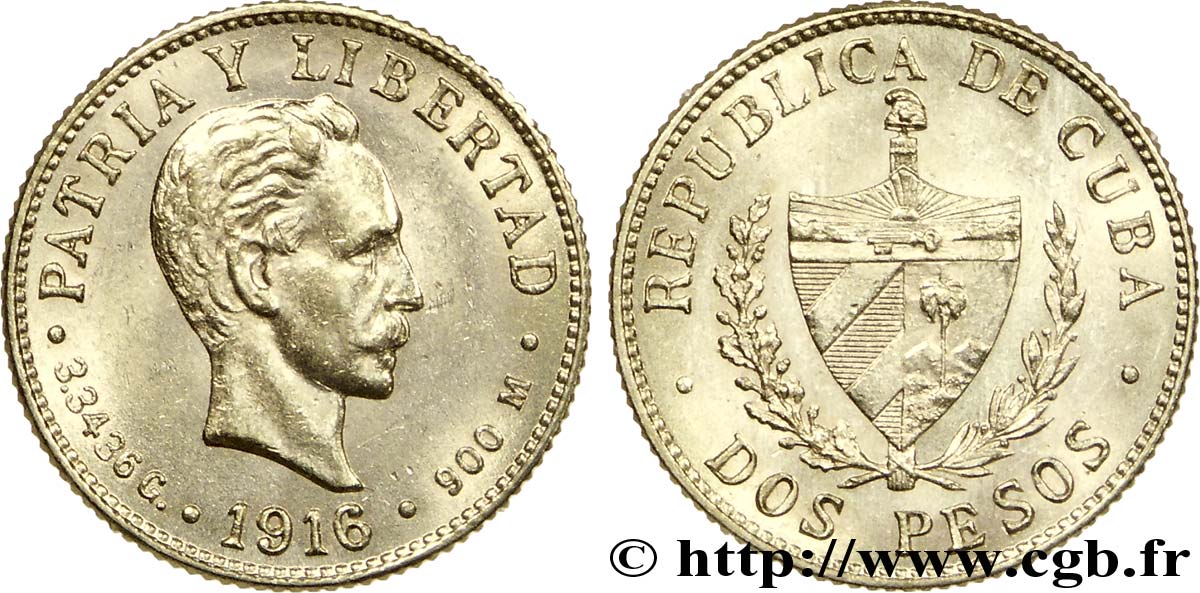 CUBA 2 Pesos OR emblème de la République / José Marti 1916  AU 
