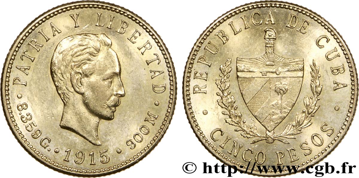 CUBA 5 Pesos OR emblème de la République / José Marti 1915  SPL 