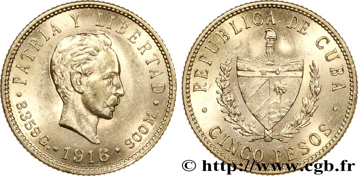 CUBA 5 Pesos OR emblème de la République / José Marti 1916  AU 