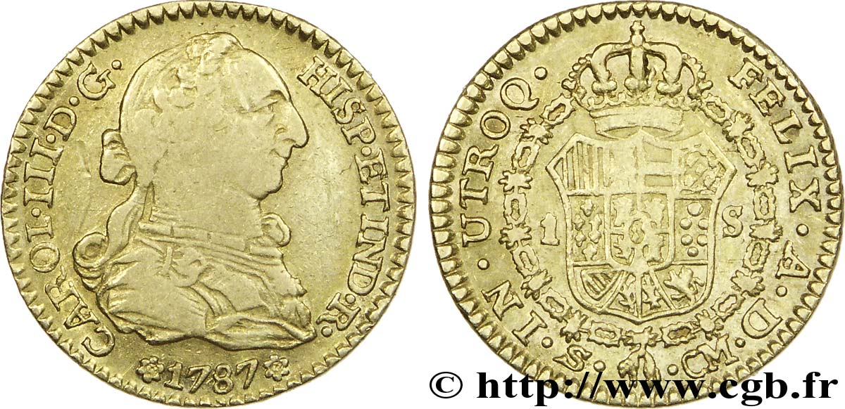 SPAIN 1 Escudo Or Charles III / écu couronné 1787 Séville XF 