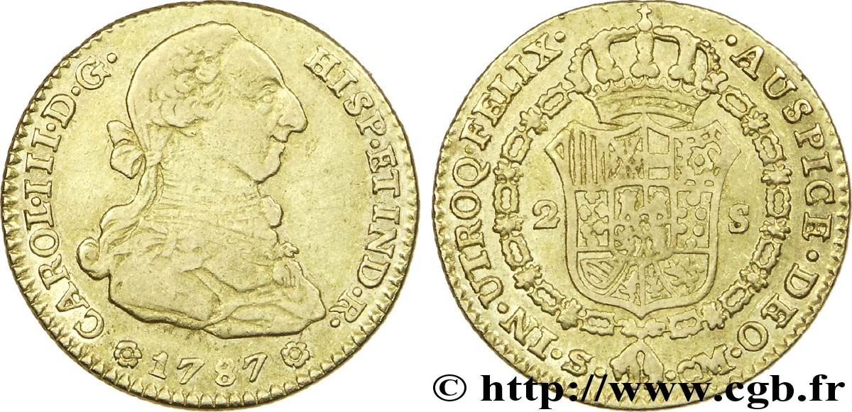ESPAÑA 2 Escudos Or Charles III / écu couronné 1787 Séville MBC 