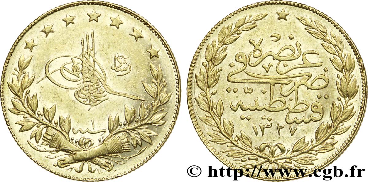 TURQUíA 100 Kurush en or Sultan Mohammed V Resat AH 1327, An 1 1909 Constantinople EBC 