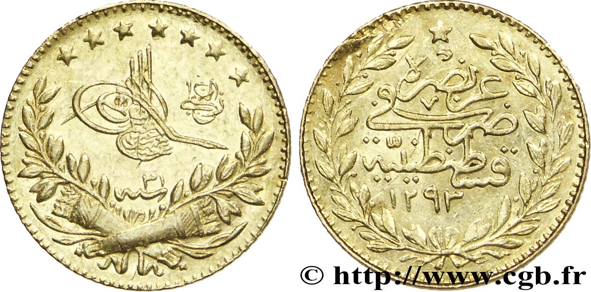 TURKEY 25 Kurush en or Sultan Abdülhamid II AH 1293, An 31 1905 Constantinople AU 
