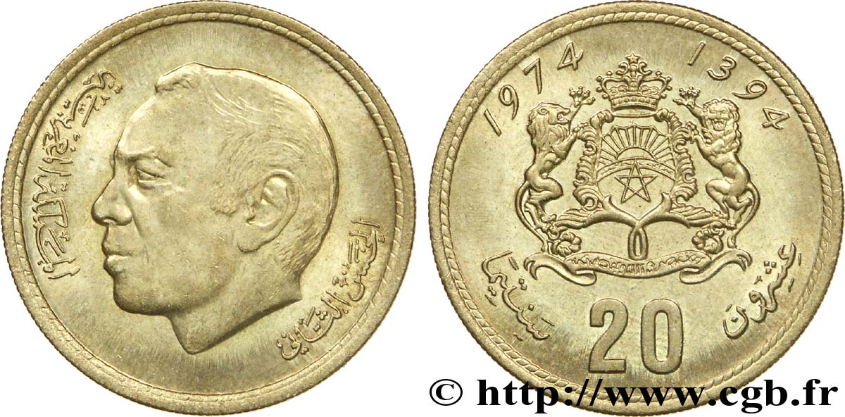 MOROCCO 20 Santimat roi Hassan II / emblème AH 1394 1974  MS 