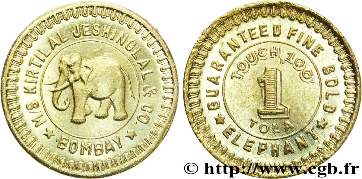 INDIA 1 Tola M/S Kirtilal Jeshinglal and Co. / élephant  N.D. Bombay MS60 