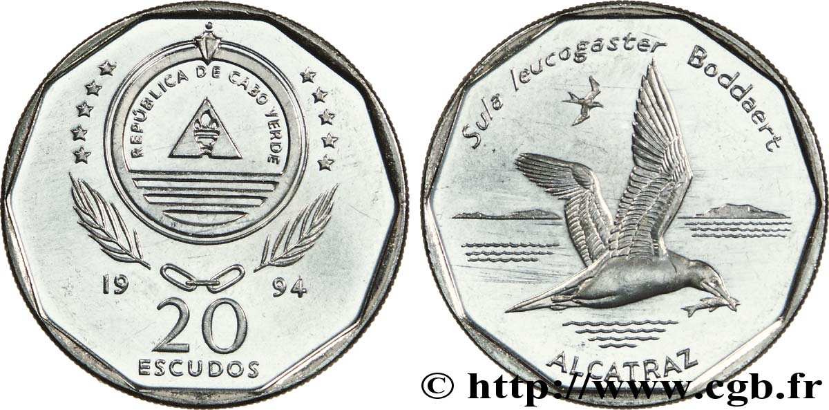 CABO VERDE 20 Escudos série ornithologique  : emblème / Sula leucogaster (fou brun) 1994  SC 