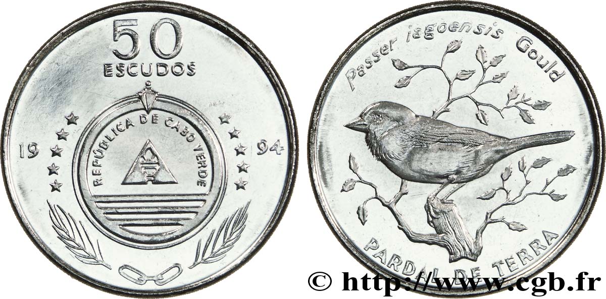 CAP VERT 50 Escudos série ornithologique  : emblème / Passer iagoensis (Moineau du Cap-Vert) 1994  SPL 
