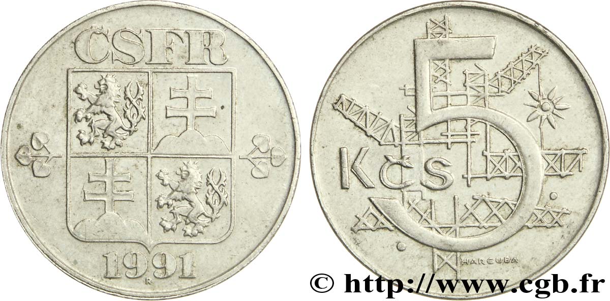 TSCHECHOSLOWAKEI 5 Korun emblème de la république 1991  VZ 